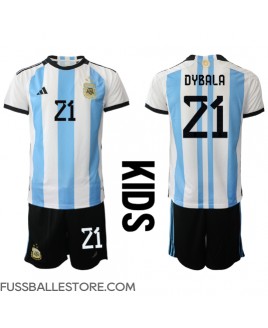 Günstige Argentinien Paulo Dybala #21 Heimtrikotsatz Kinder WM 2022 Kurzarm (+ Kurze Hosen)